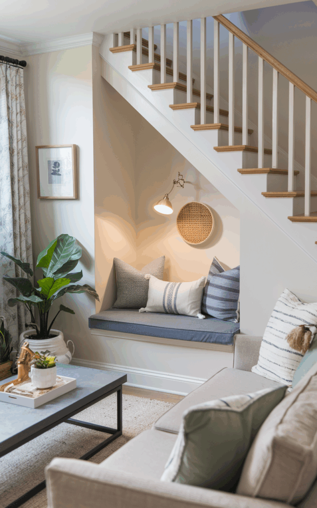 Carve out a mini reading nook under the stairs