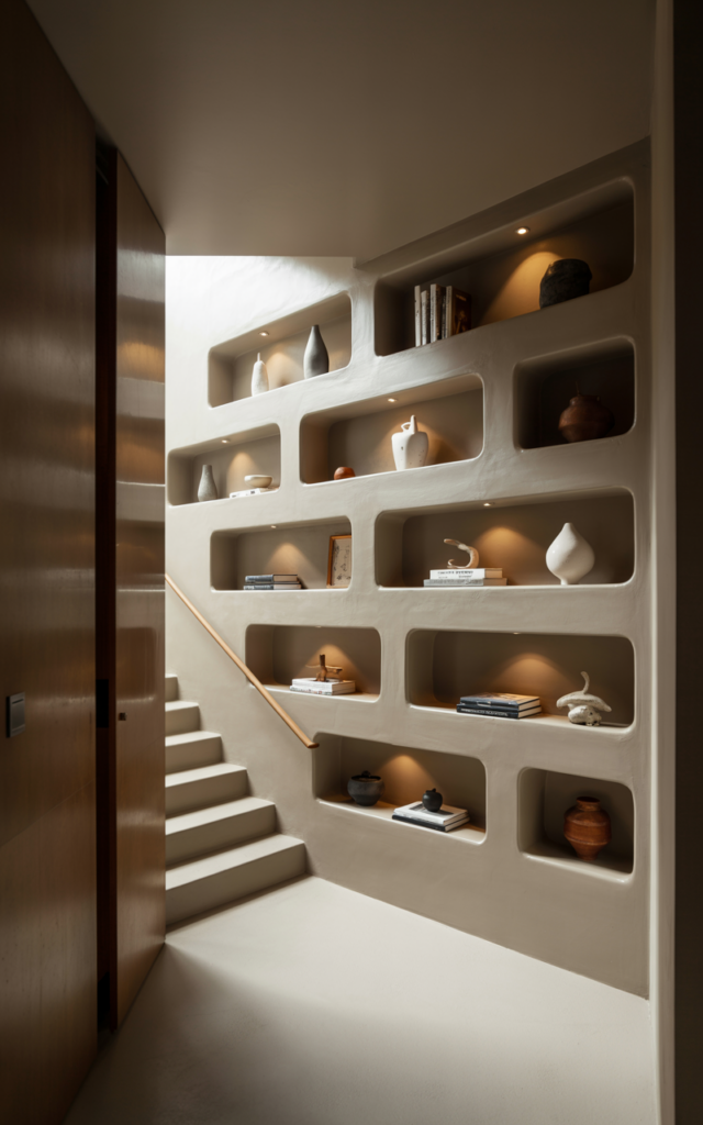 Carve storage niches into the stair wall