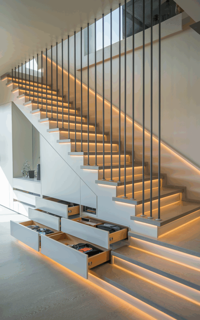 Combine Storage, Light, and Minimal Railings in One Design