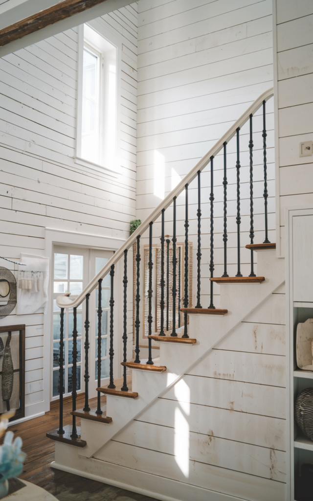 Combine black iron railings with white shiplap walls