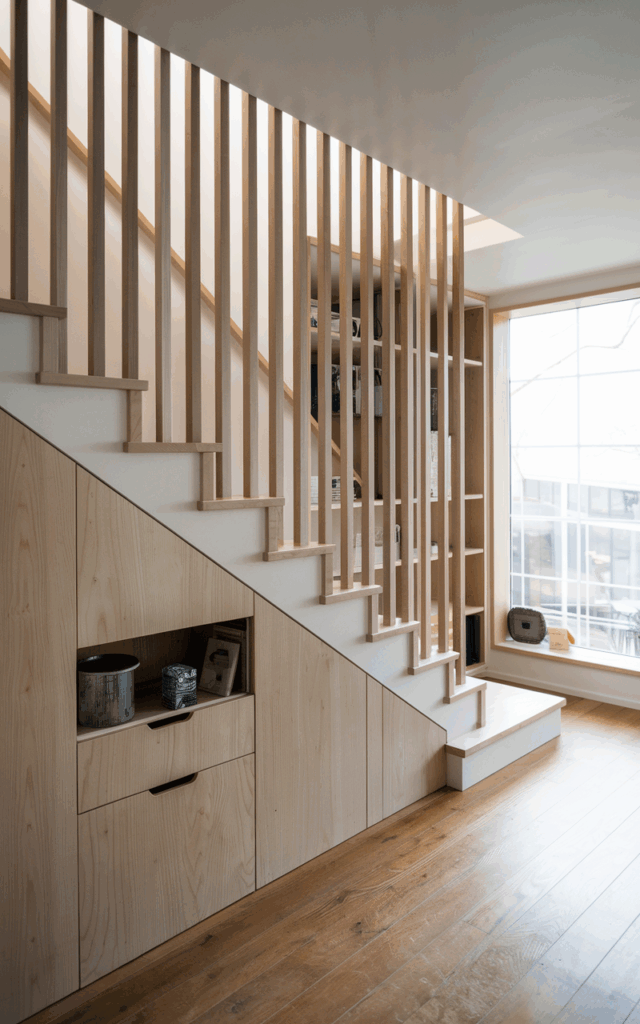 Combine vertical slats with hidden storage below.