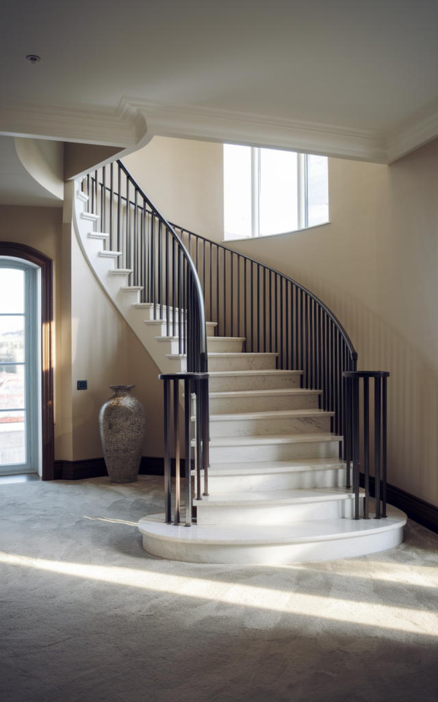 Combine white marble steps with a black metal railing