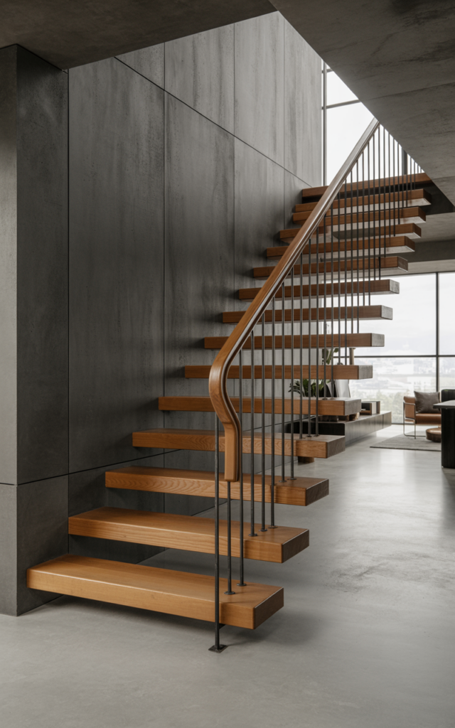 Contrast textured concrete with warm wood