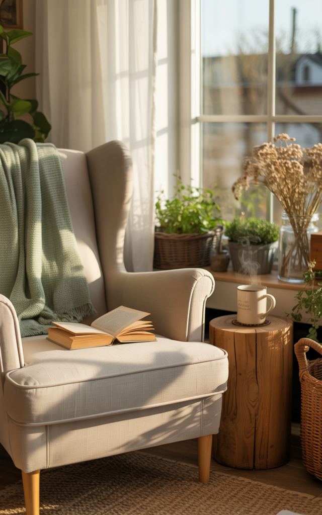 Create a cozy reading nook by a window 📖