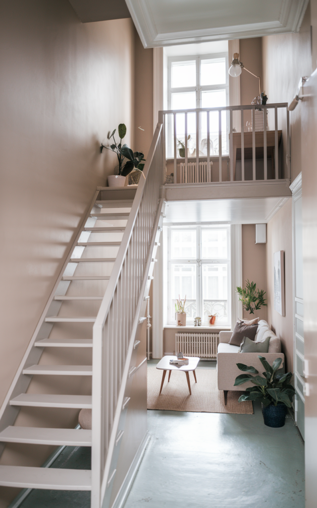Create a monochrome metal staircase that blends into the walls.