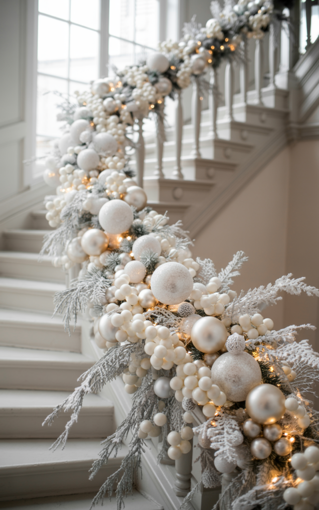 Create a monochrome white winter wonderland staircase.
