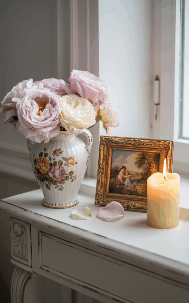 Create a romantic vignette with florals and porcelain