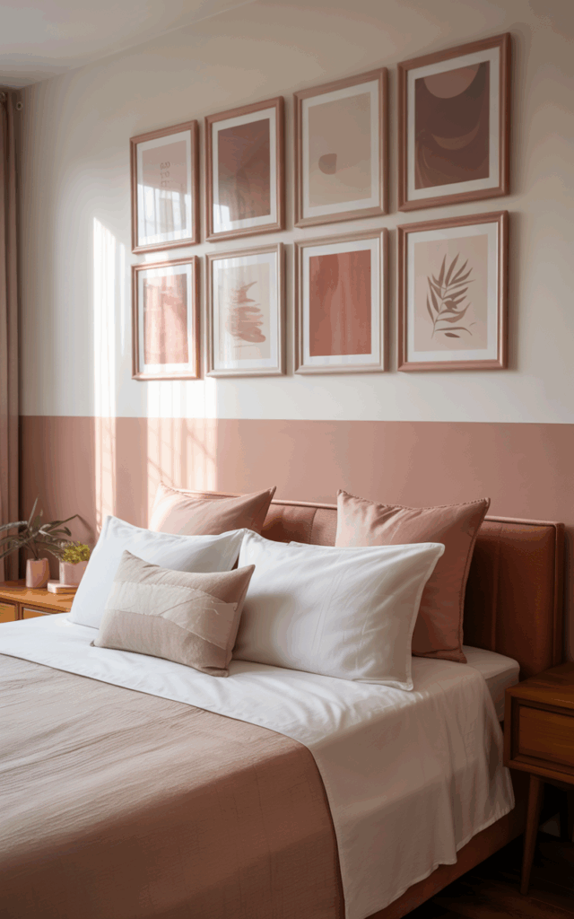 Create a tone-on-tone gallery wall in earthy pink shades