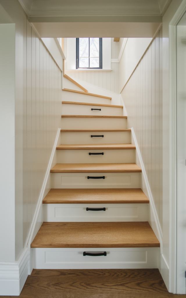 Create hidden storage drawers inside the steps