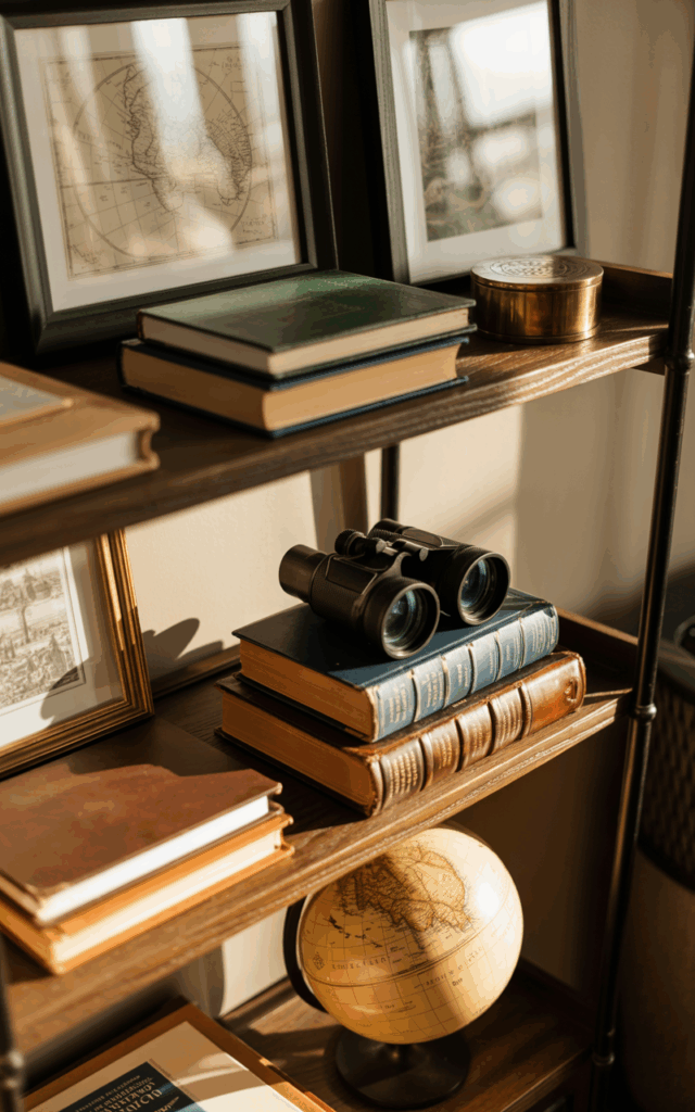 Curate a travel-inspired shelf with maps and globes