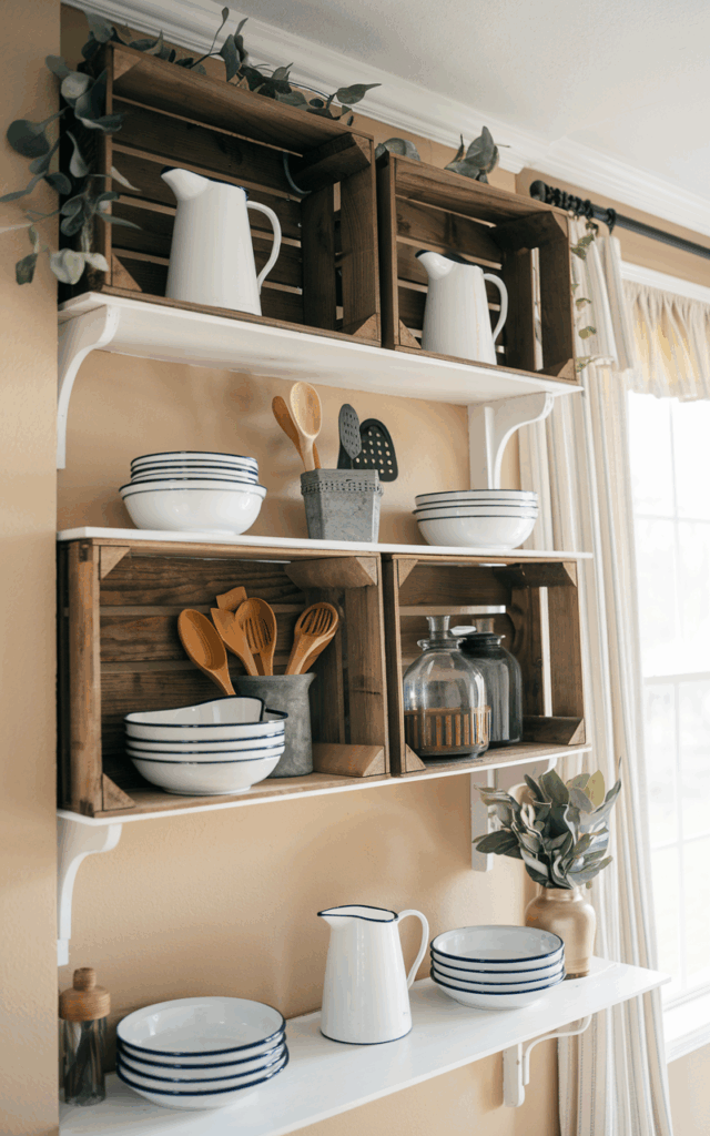 Design a farmhouse shelf using enamelware and wood tones