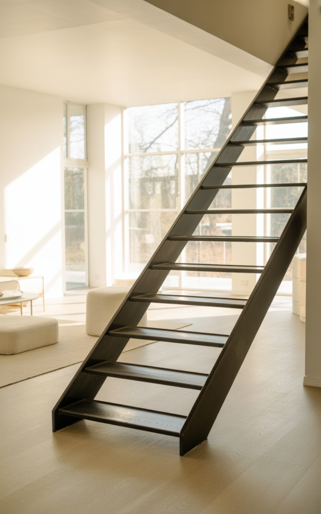 Design a metal staircase with open risers to enhance light flow.