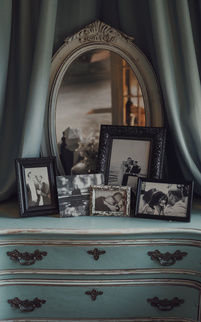 Display personal photographs in black frames.
