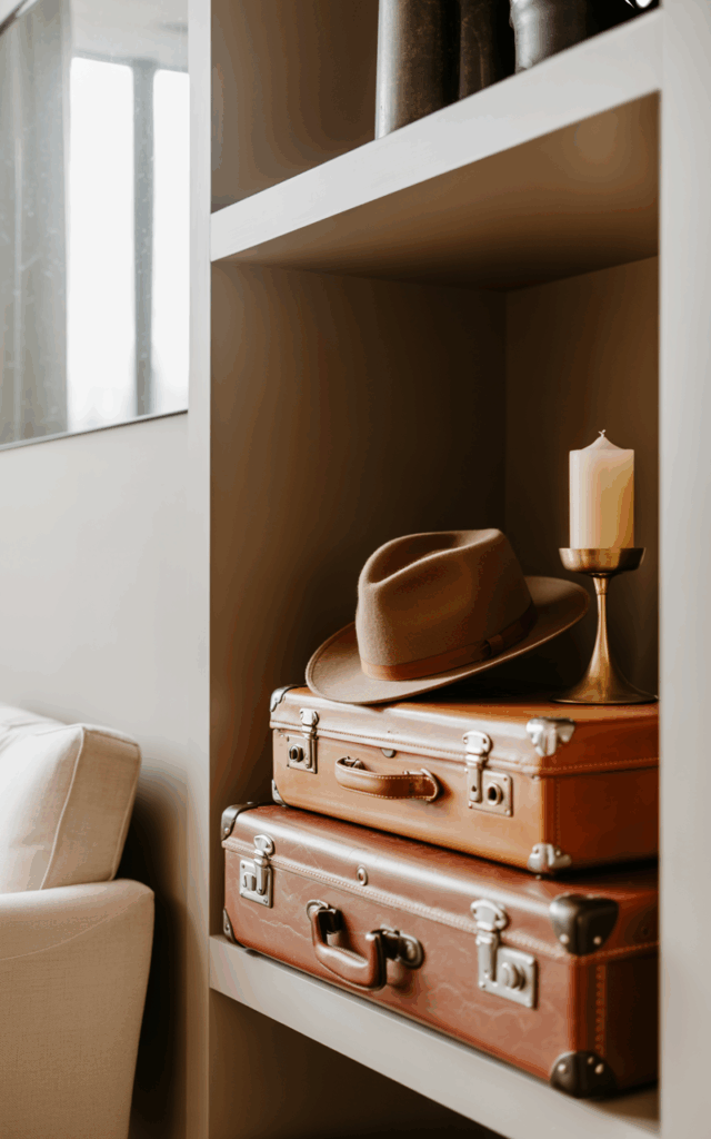 Display stacked vintage suitcases on lower shelves