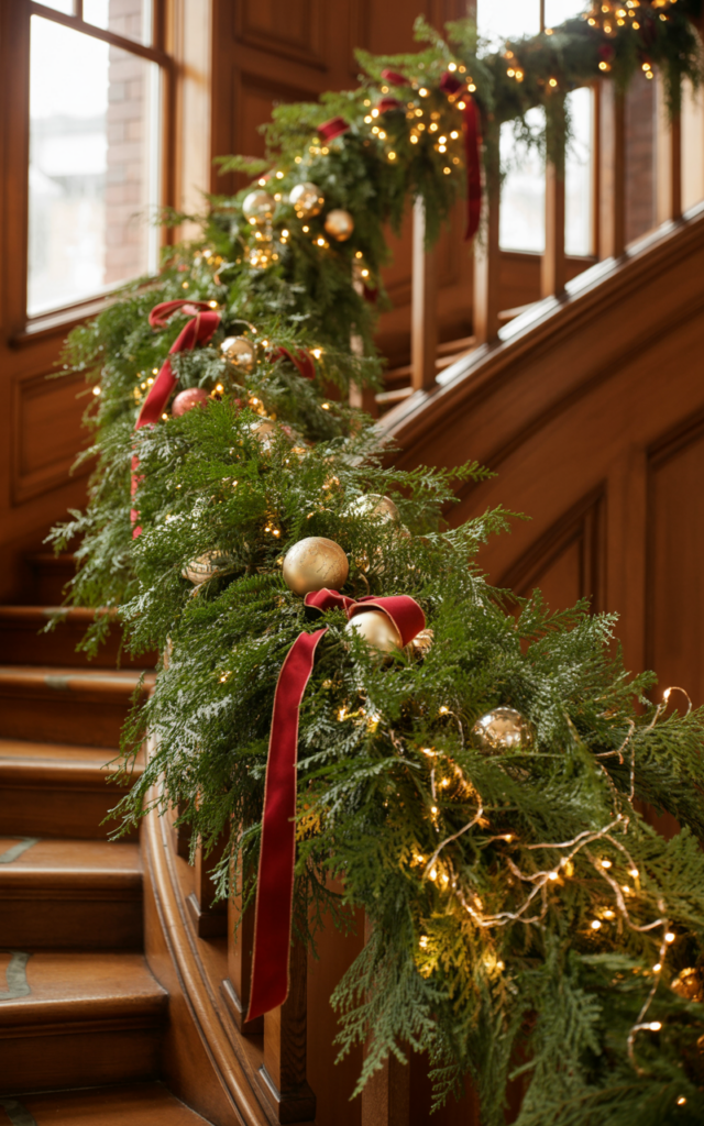 Drape a lush evergreen garland along the banister.