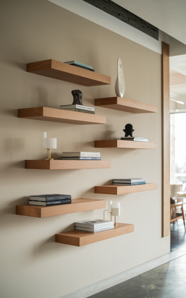 Float asymmetrical shelves for a modern vibe