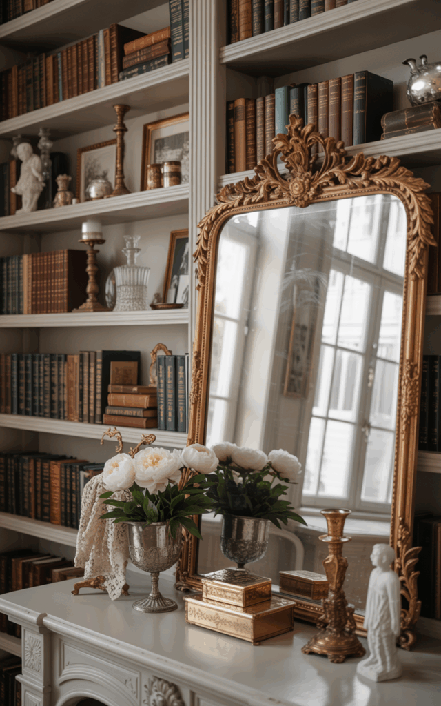 Frame a statement antique mirror as the shelf’s anchor