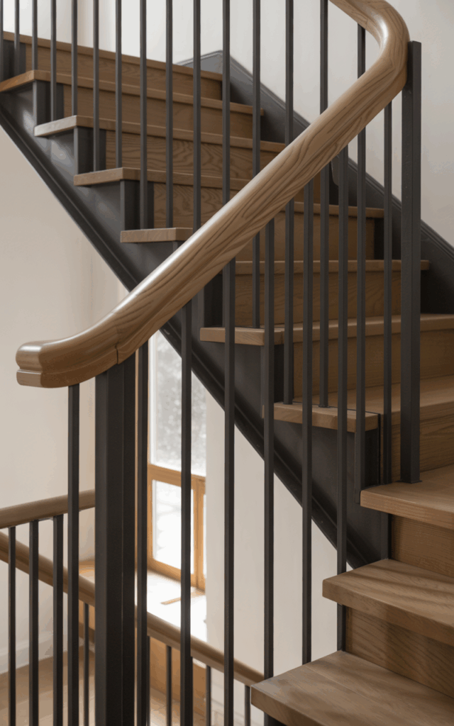 Frame the staircase with matte black and oak contrast.