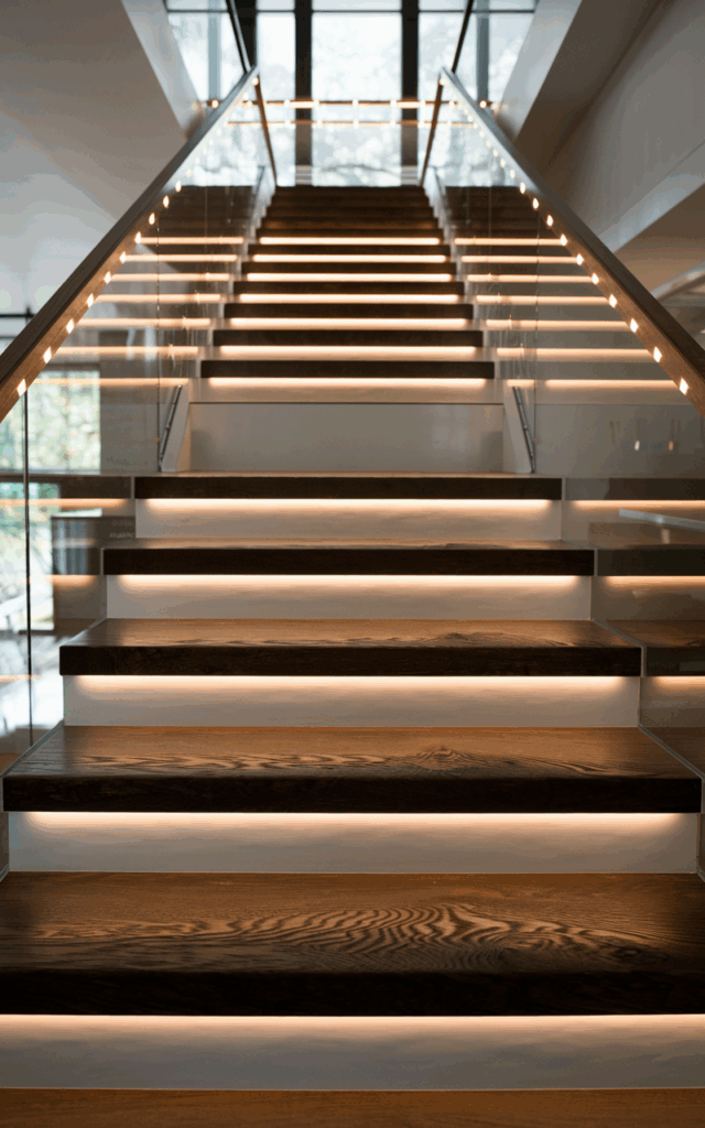 Go for open risers with recessed step lighting