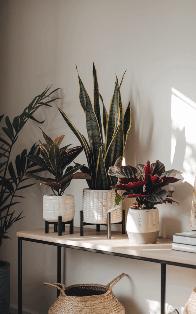 Group plants in odd numbers on a console table
