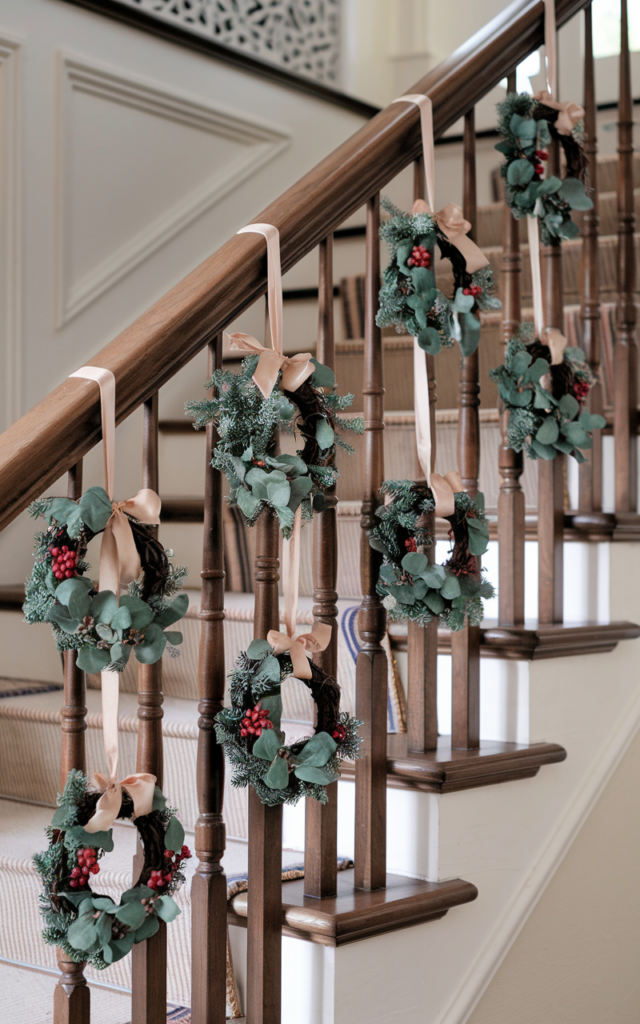 Hang mini wreaths on every spindle.
