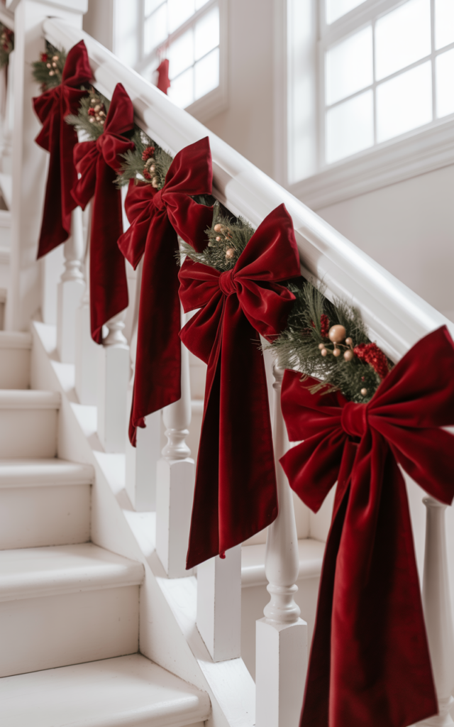 Hang oversized velvet bows on each spindle.