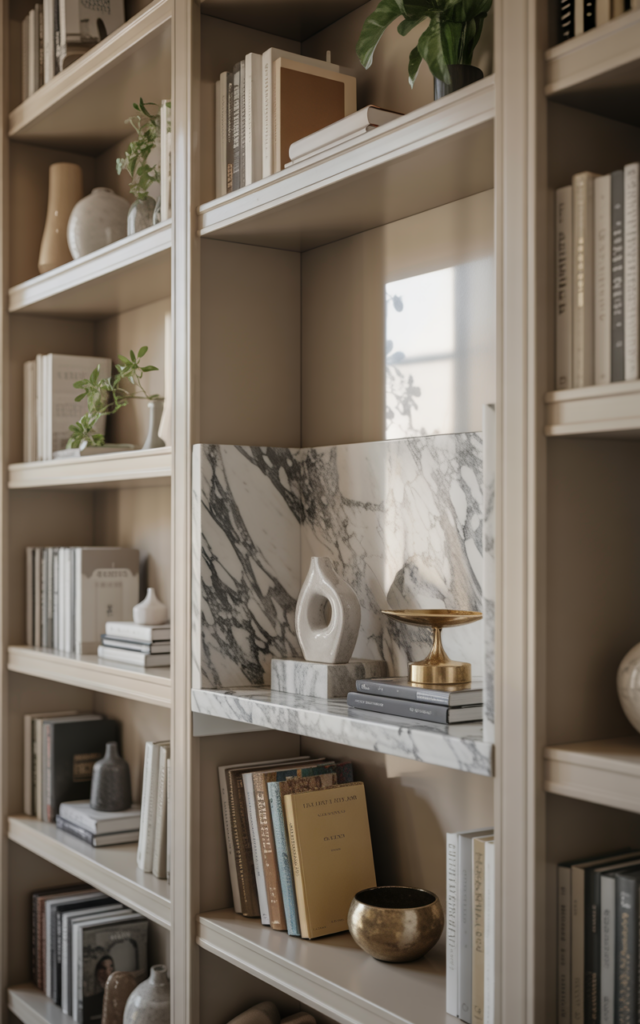Highlight one shelf with a contrasting material