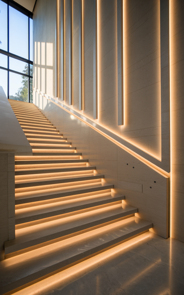 Highlight the wall with LED strip lighting under each tread