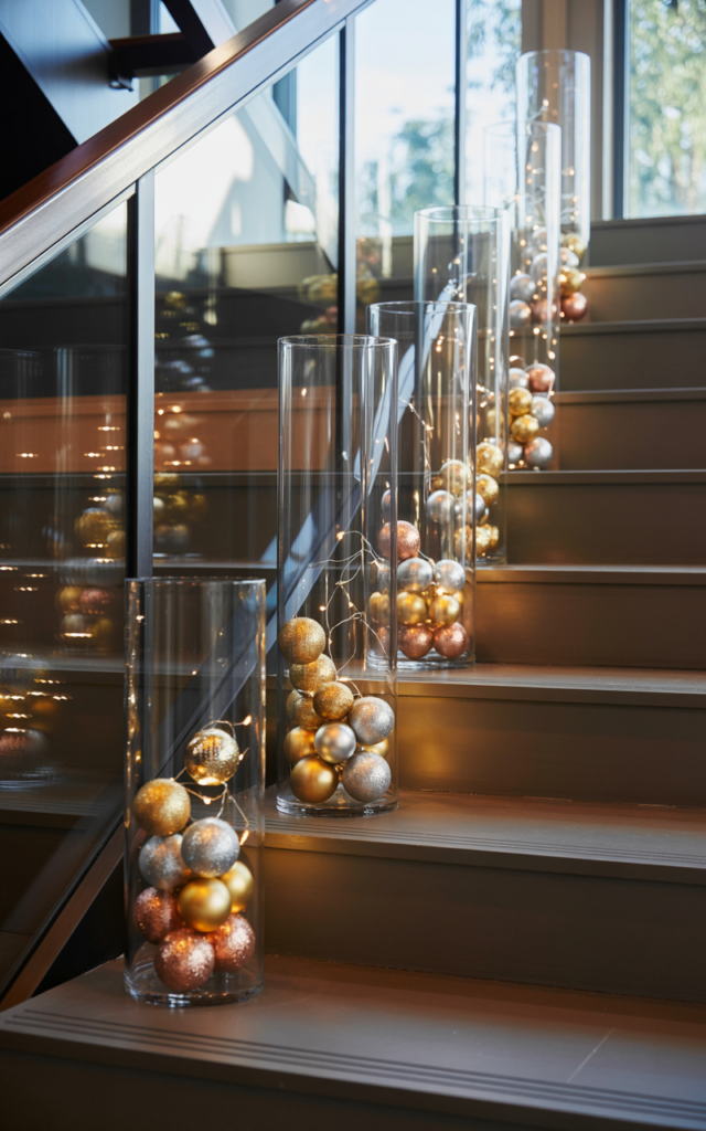 Illuminate glass baubles in clear cylinders along the steps.