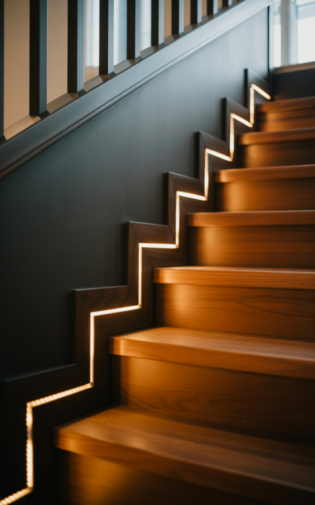 Illuminate the stair skirt board with hidden strip lighting.