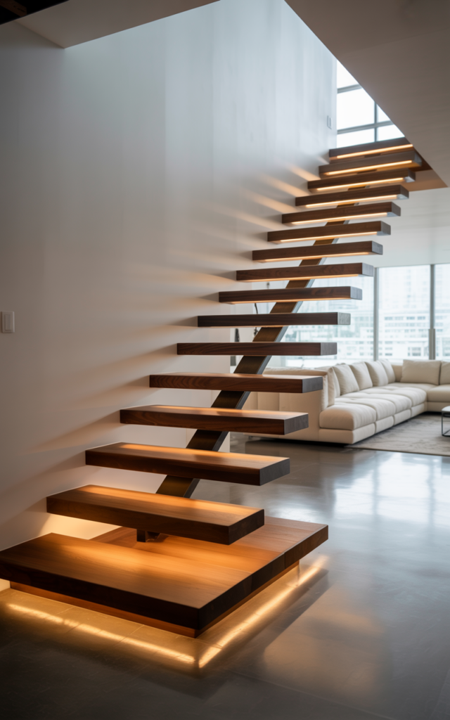 Incorporate LED strip lighting under each step