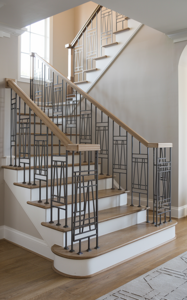 Incorporate geometric metal balusters for a statement pattern.