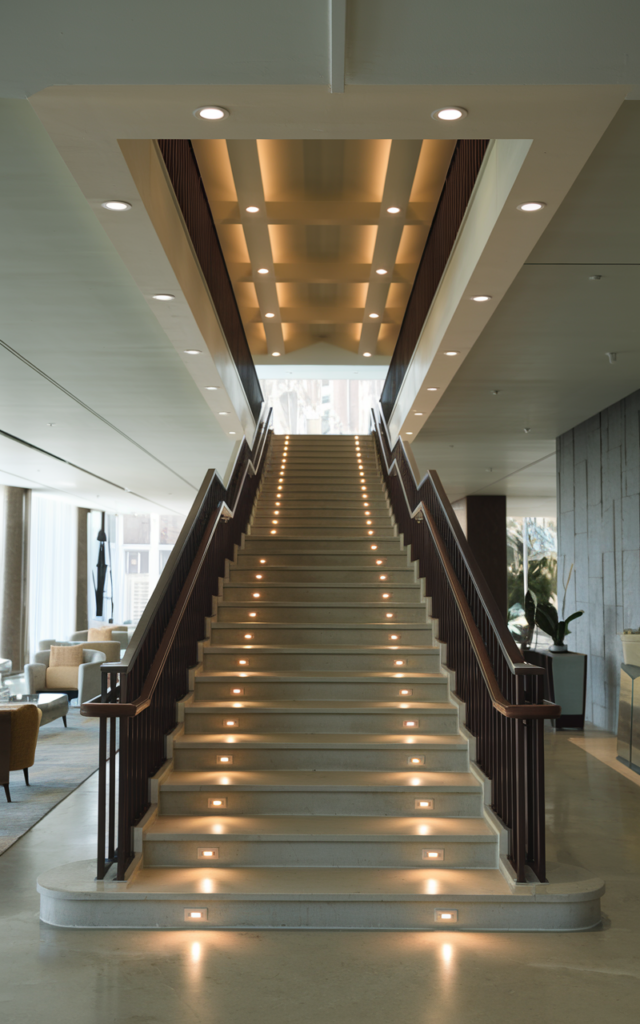 Incorporate recessed ceiling spotlights along the stair line.