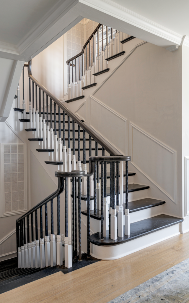 Install a black metal railing with white spindles