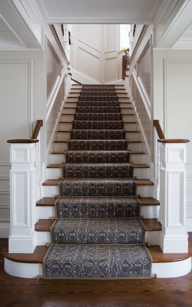 Install a patterned runner with neutral borders.