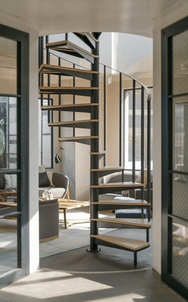 Install a spiral open staircase in a corner