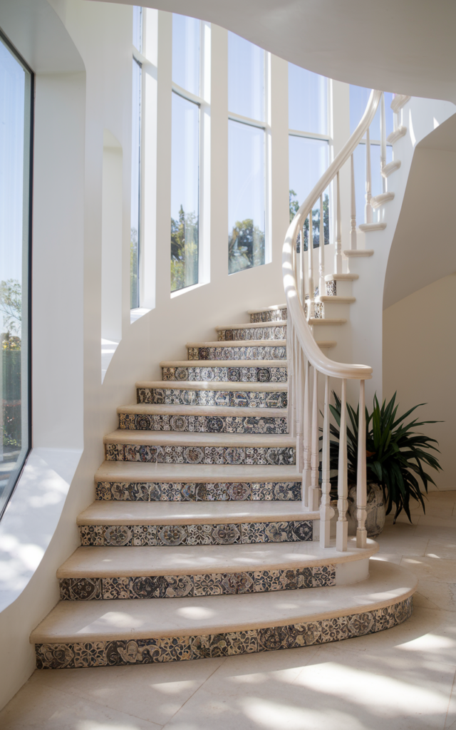 Install black-and-white tile on stair risers