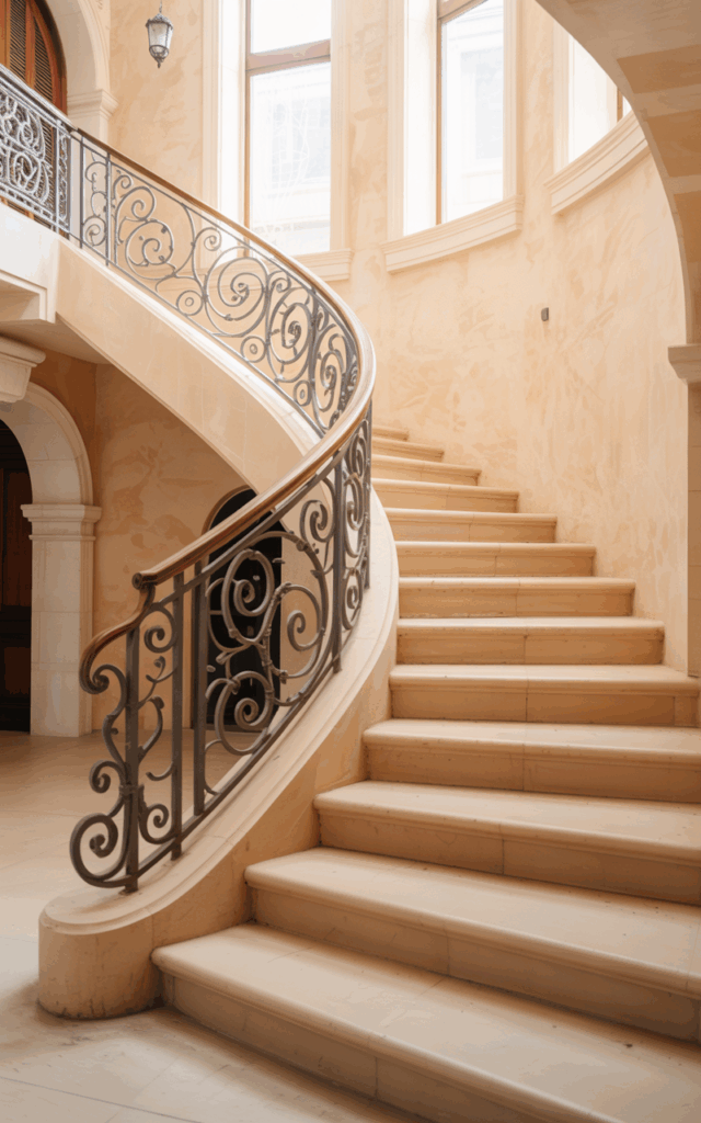 Install curved iron railings for drama.