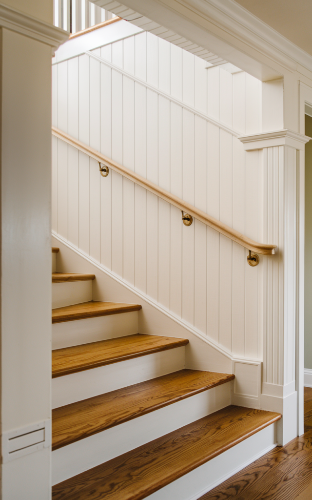 Install decorative wall paneling along the staircase