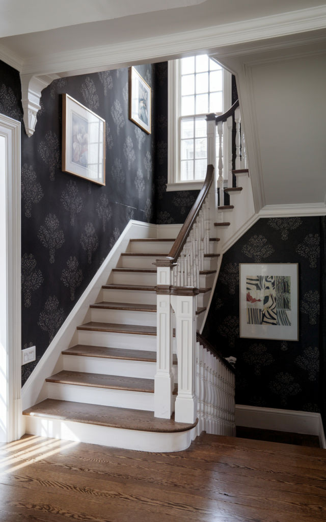 Install dramatic black wallpaper along the stairwell