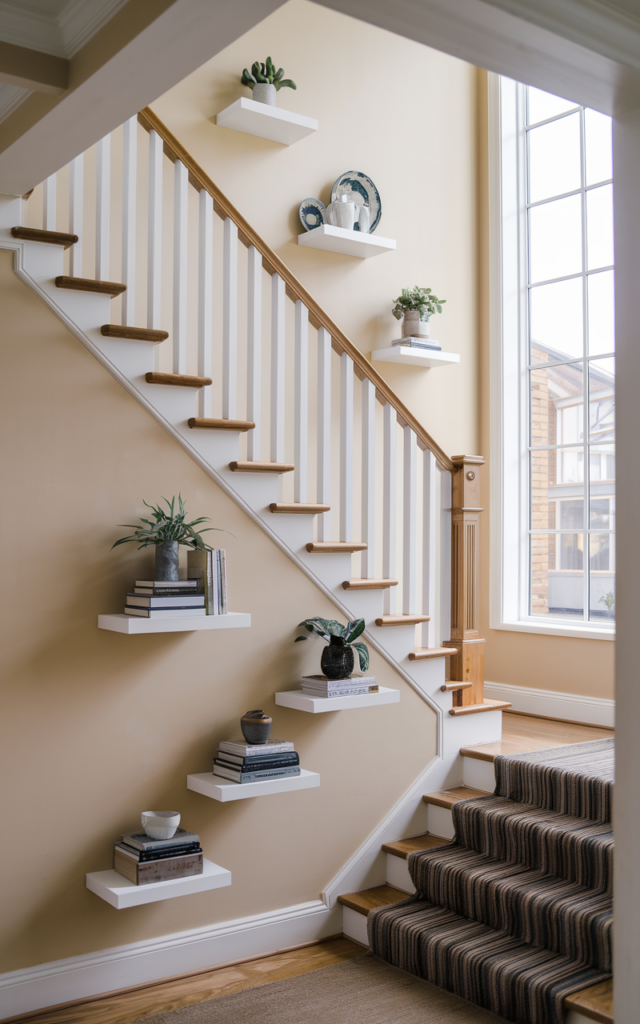 Install floating display shelves that stagger upward