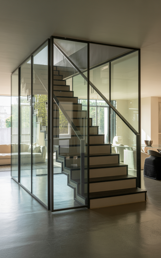 Install glass panels with slim metal framing.