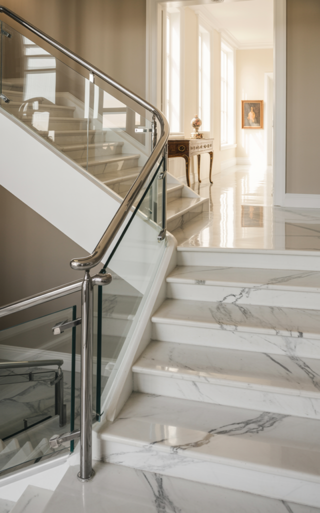 Install marble treads with subtle veining