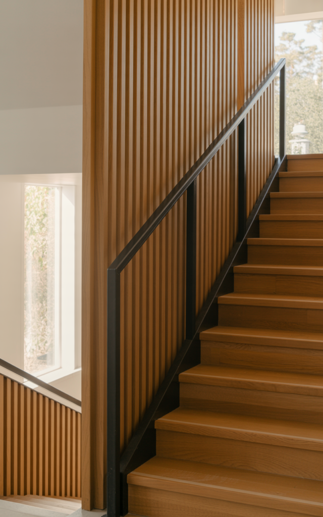 Install tall vertical slat panels for a sleek statement
