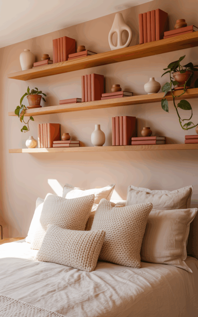 Install warm wood floating shelves with pink decor