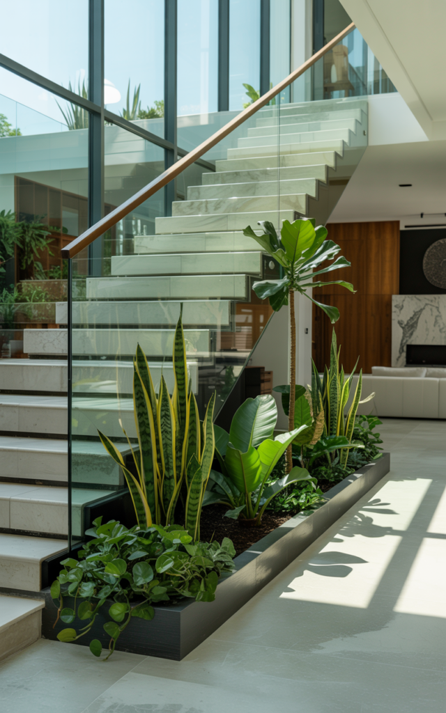 Integrate built-in planters along the staircase edge