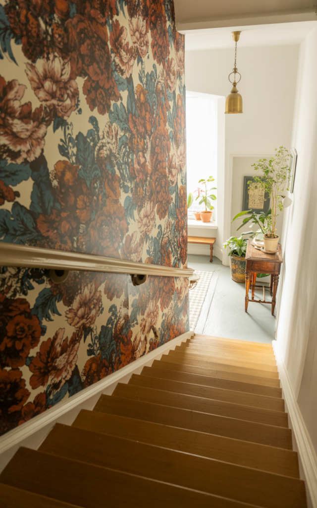 Introduce a bold wallpaper along the stair wall