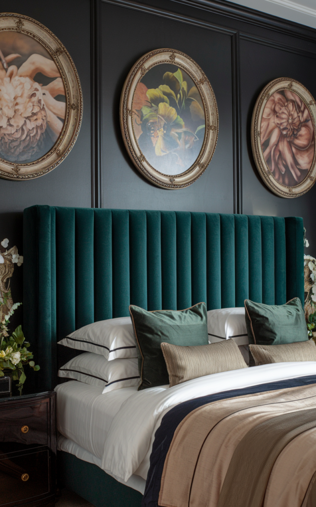 Introduce a statement headboard in a rich fabric.