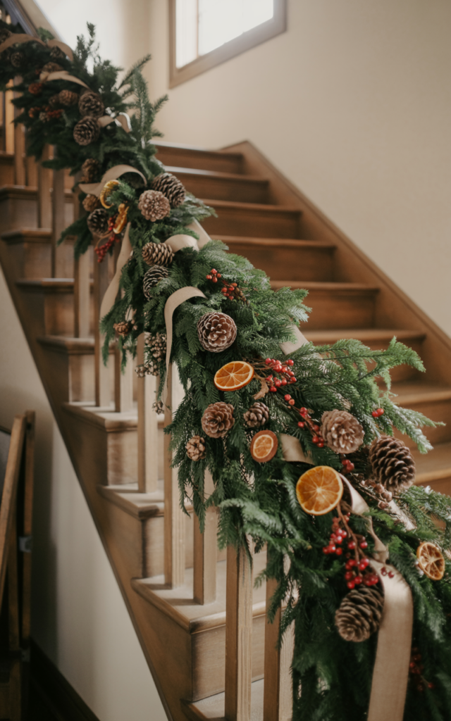 Layer Pinecones and Dried Orange Slices Throughout