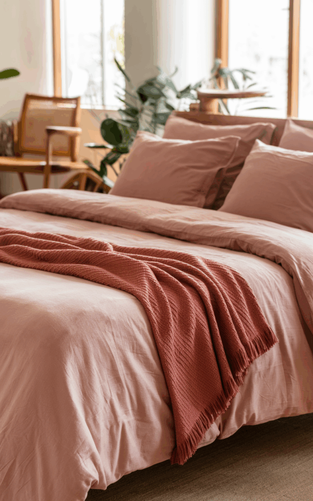 Layer blush and terracotta textiles on your bed